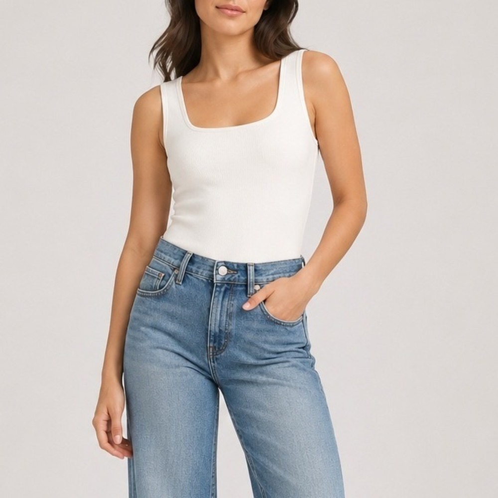 Quince Bodysuit Square Neck Organic Cotton‎ Stretch Date Vacation White S NWOT